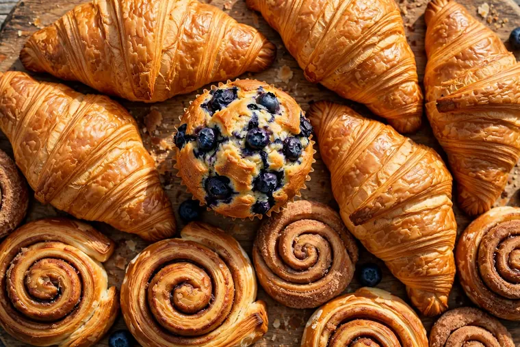 Fresh bakery croissants and muffins