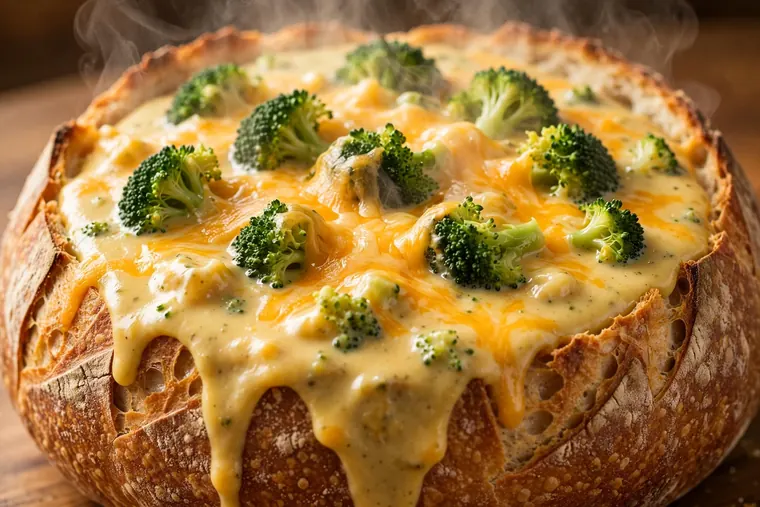 Broccoli Cheddar Soup in a sourdough bread bowl