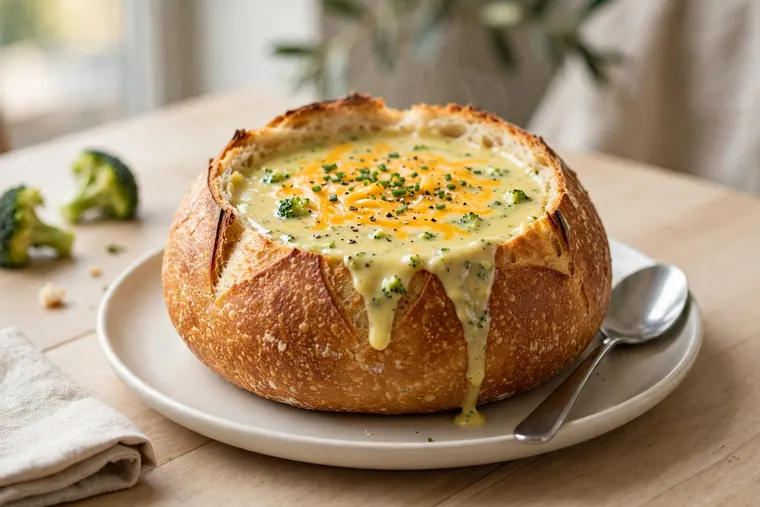 Broccoli Cheddar Soup served in a sourdough bread bowl